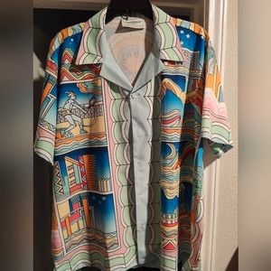 CASABLANCA Cuban Collar Silk Short Sleeve Shirt Green Mosaic